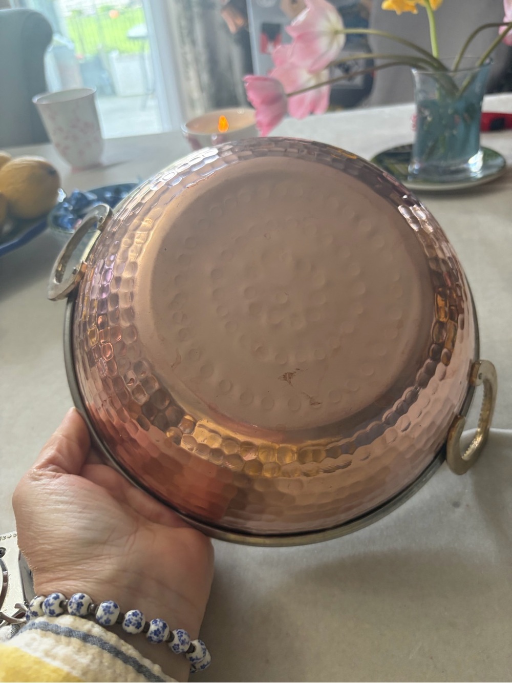 Copper Finish Hammered Serving Bowl with Side Handles - Copper - Picture 7 of 8